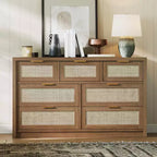 Rattan 7 Drawers Dresser for Bedroom, Wide Chests of Drawers with Golden Handles, Wood Drawers Storage Organizer