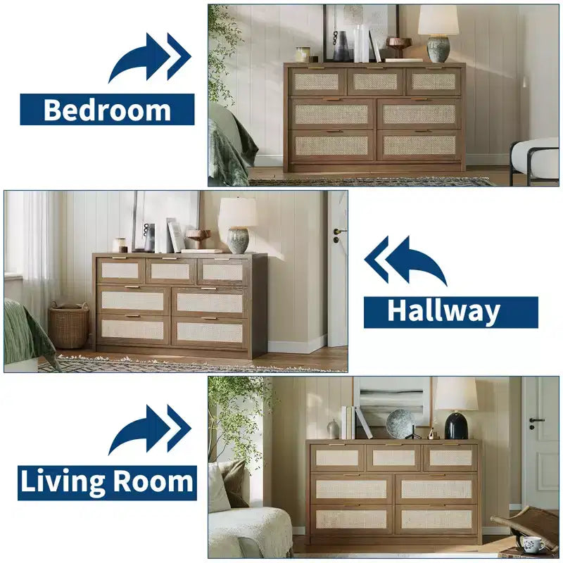 Cómoda de ratán de 7 cajones para dormitorio, sinfonier ancho con tiradores dorados, organizador de almacenamiento con cajones de madera