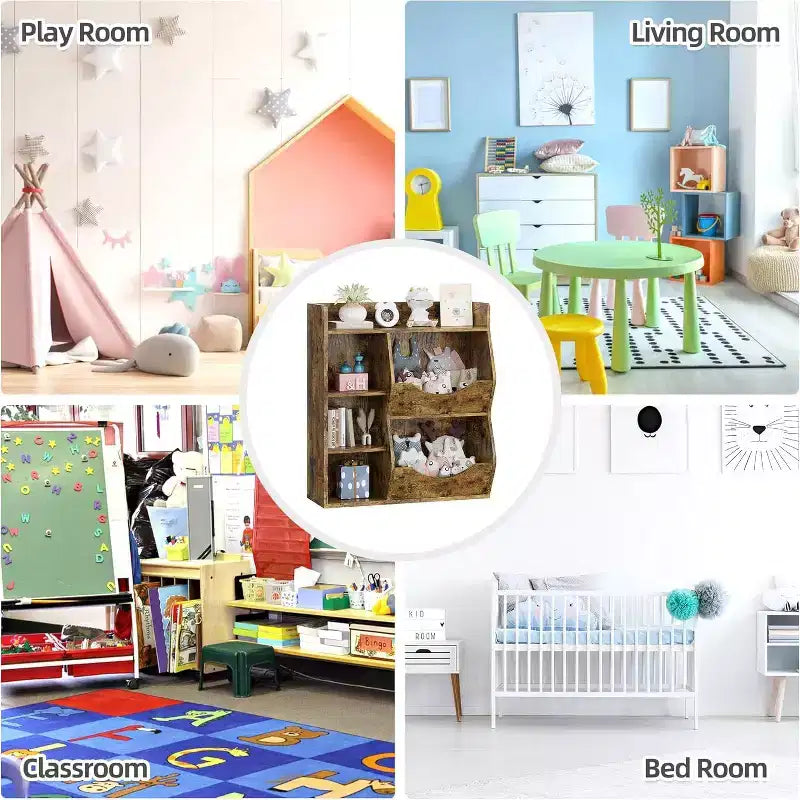 Estantería Acekool para niños y organizador de juguetes, estantería de 3 niveles con 5 cubos, expositor de doble cara y estante superior para sala de juegos, dormitorio, blanco