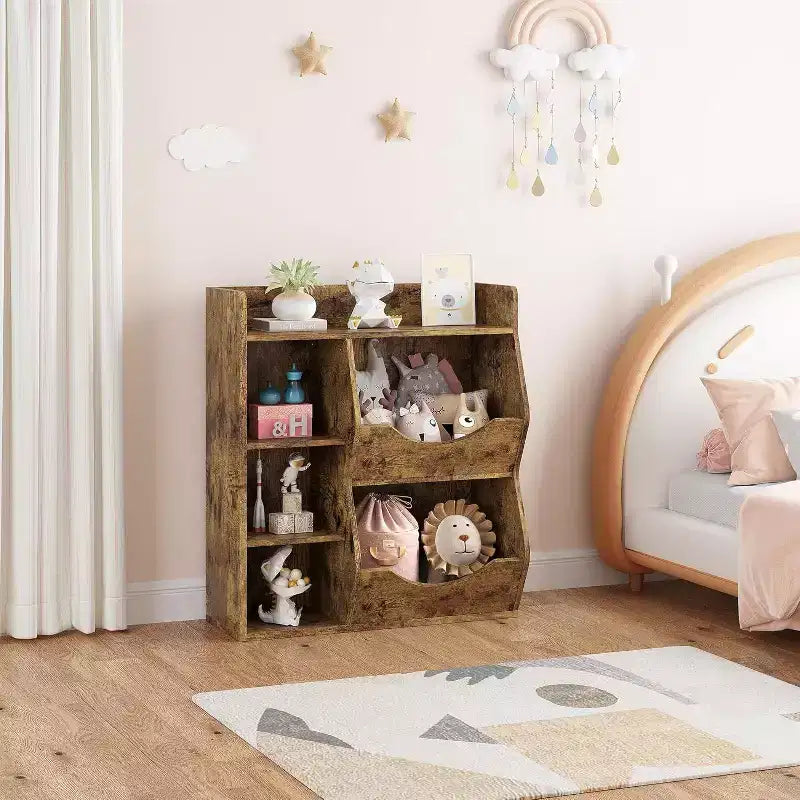 Estantería Acekool para niños y organizador de juguetes, estantería de 3 niveles con 5 cubos, expositor de doble cara y estante superior para sala de juegos, dormitorio, blanco