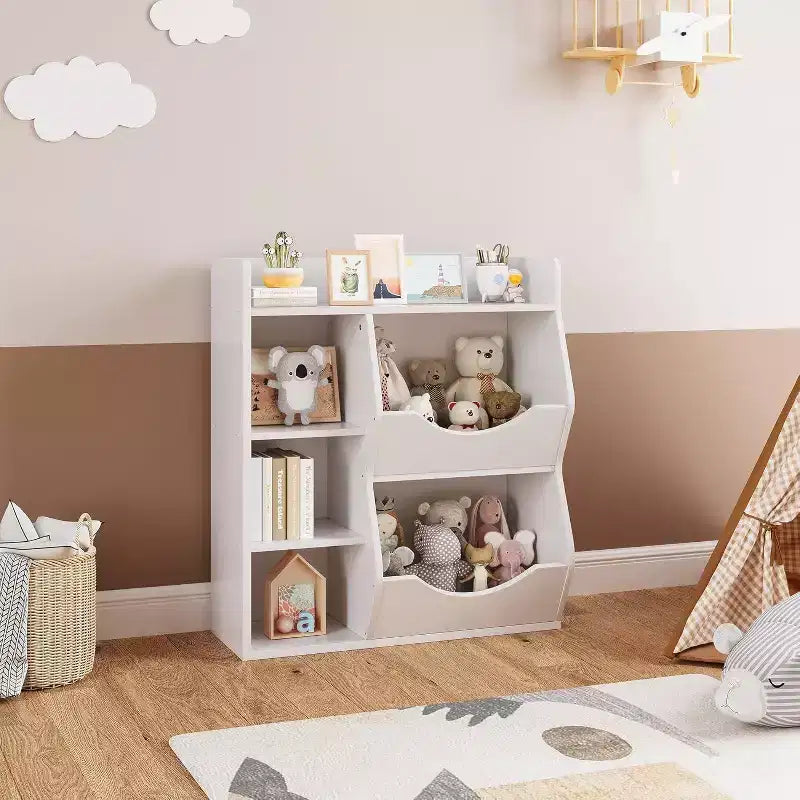 Estantería Acekool para niños y organizador de juguetes, estantería de 3 niveles con 5 cubos, expositor de doble cara y estante superior para sala de juegos, dormitorio, blanco