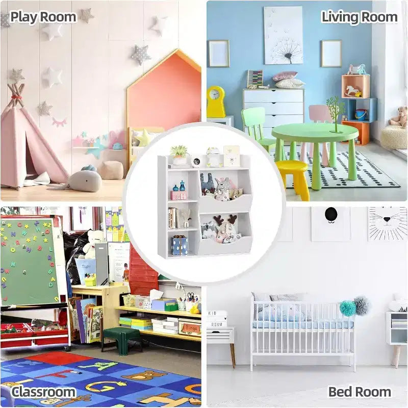 Estantería Acekool para niños y organizador de juguetes, estantería de 3 niveles con 5 cubos, expositor de doble cara y estante superior para sala de juegos, dormitorio, blanco