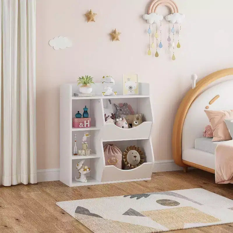 Estantería Acekool para niños y organizador de juguetes, estantería de 3 niveles con 5 cubos, expositor de doble cara y estante superior para sala de juegos, dormitorio, blanco