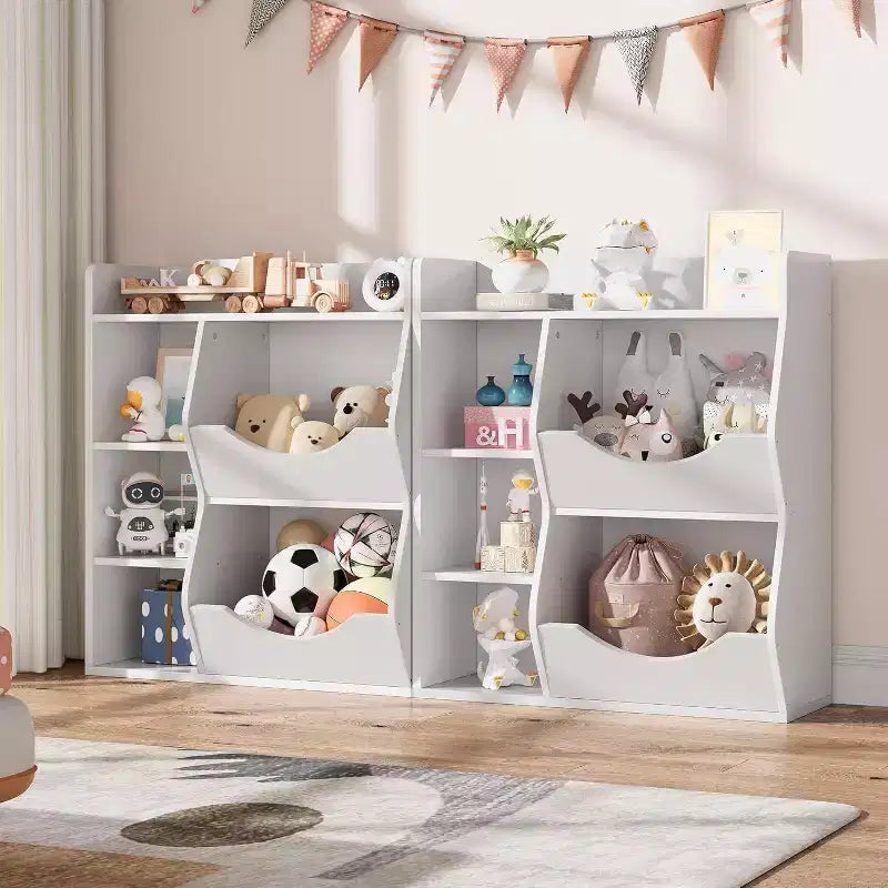 Estantería Acekool para niños y organizador de juguetes, estantería de 3 niveles con 5 cubos, expositor de doble cara y estante superior para sala de juegos, dormitorio, blanco