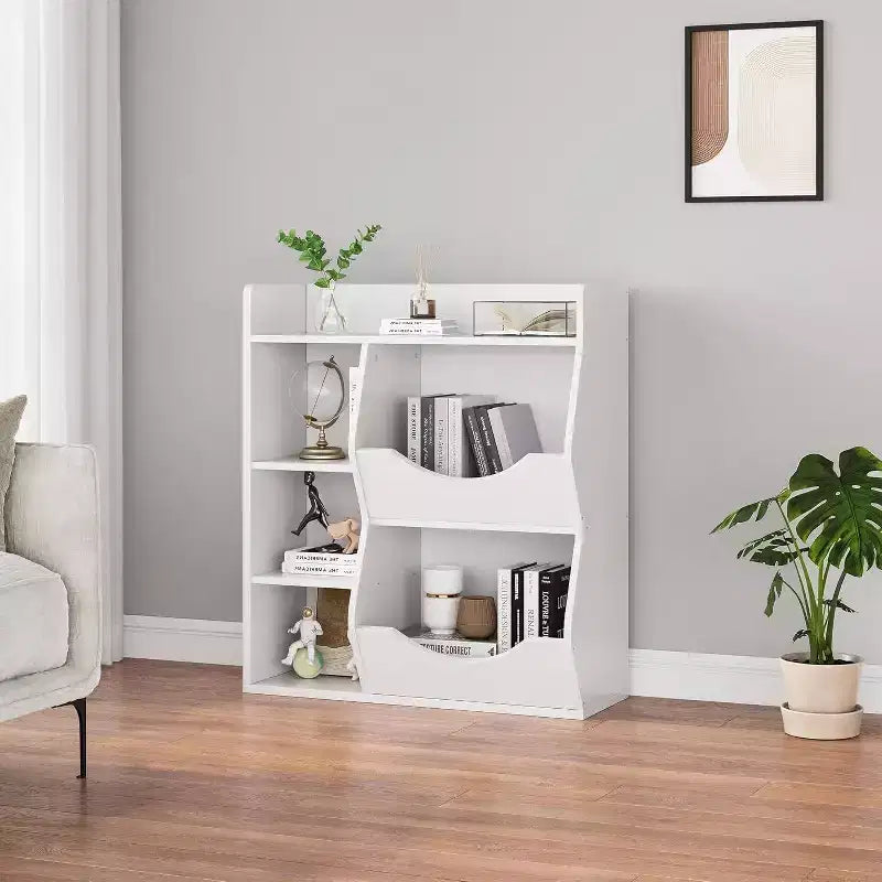 Estantería Acekool para niños y organizador de juguetes, estantería de 3 niveles con 5 cubos, expositor de doble cara y estante superior para sala de juegos, dormitorio, blanco