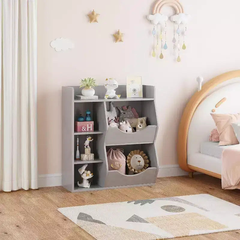 Estantería Acekool para niños y organizador de juguetes, estantería de 3 niveles con 5 cubos, expositor de doble cara y estante superior para sala de juegos, dormitorio, blanco