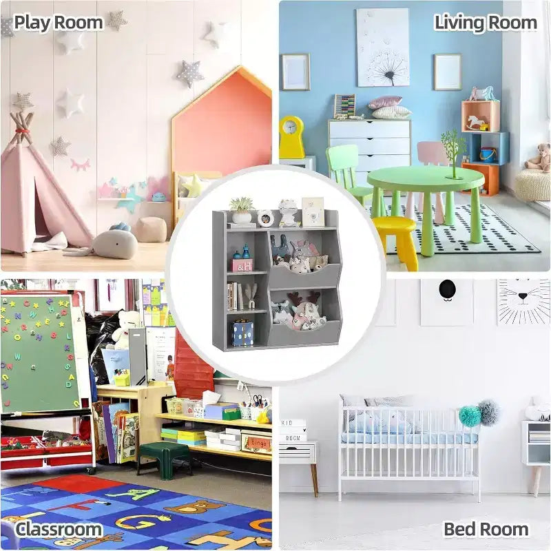 Estantería Acekool para niños y organizador de juguetes, estantería de 3 niveles con 5 cubos, expositor de doble cara y estante superior para sala de juegos, dormitorio, blanco