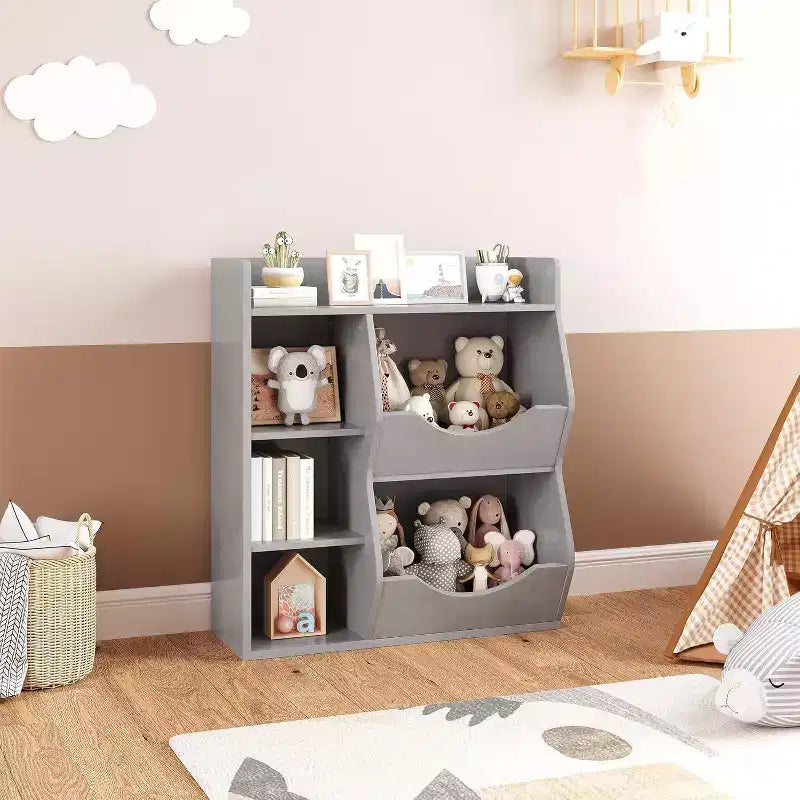 Estantería Acekool para niños y organizador de juguetes, estantería de 3 niveles con 5 cubos, expositor de doble cara y estante superior para sala de juegos, dormitorio, blanco