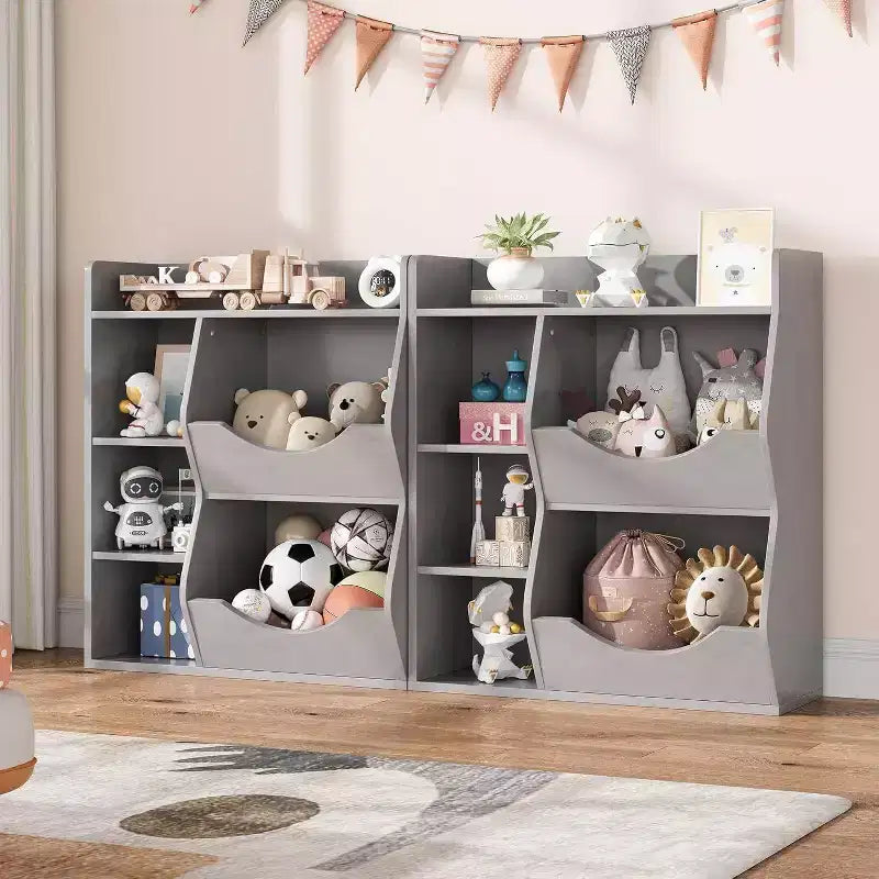 Estantería Acekool para niños y organizador de juguetes, estantería de 3 niveles con 5 cubos, expositor de doble cara y estante superior para sala de juegos, dormitorio, blanco