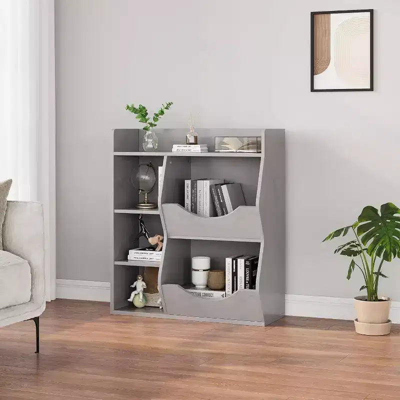 Estantería Acekool para niños y organizador de juguetes, estantería de 3 niveles con 5 cubos, expositor de doble cara y estante superior para sala de juegos, dormitorio, blanco