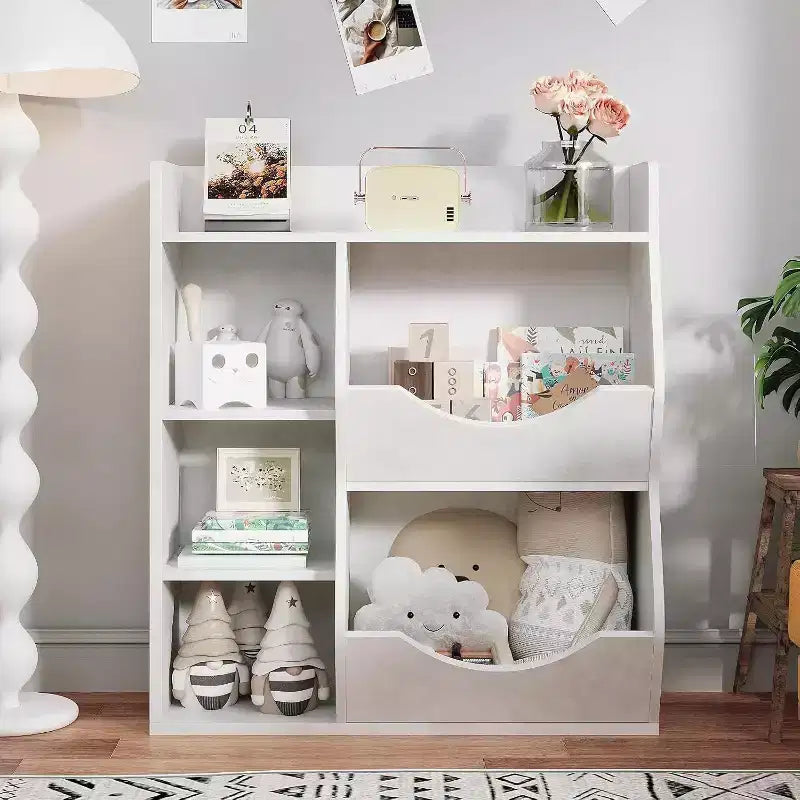 Estantería Acekool para niños y organizador de juguetes, estantería de 3 niveles con 5 cubos, expositor de doble cara y estante superior para sala de juegos, dormitorio, blanco