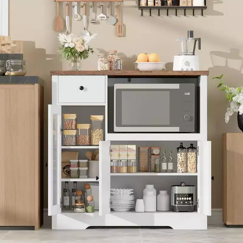 Aparador con Gabinete de Almacenamiento, Estantes Ajustables, Soporte para Microondas, Cajón, Puertas Individuales y Dobles, Solución de Muebles para Comedor