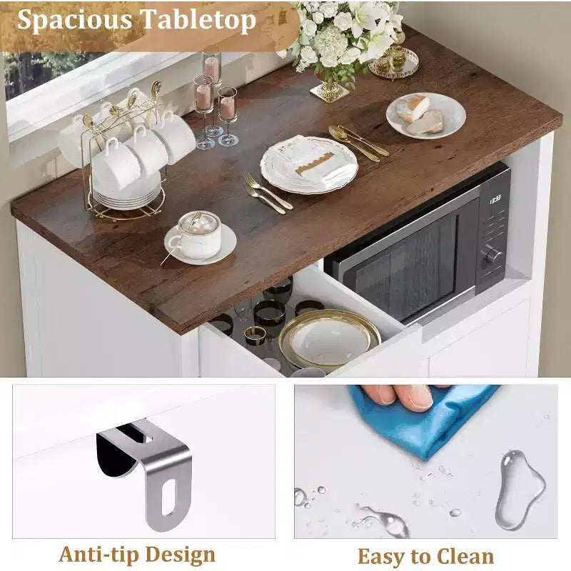 Aparador con Gabinete de Almacenamiento, Estantes Ajustables, Soporte para Microondas, Cajón, Puertas Individuales y Dobles, Solución de Muebles para Comedor