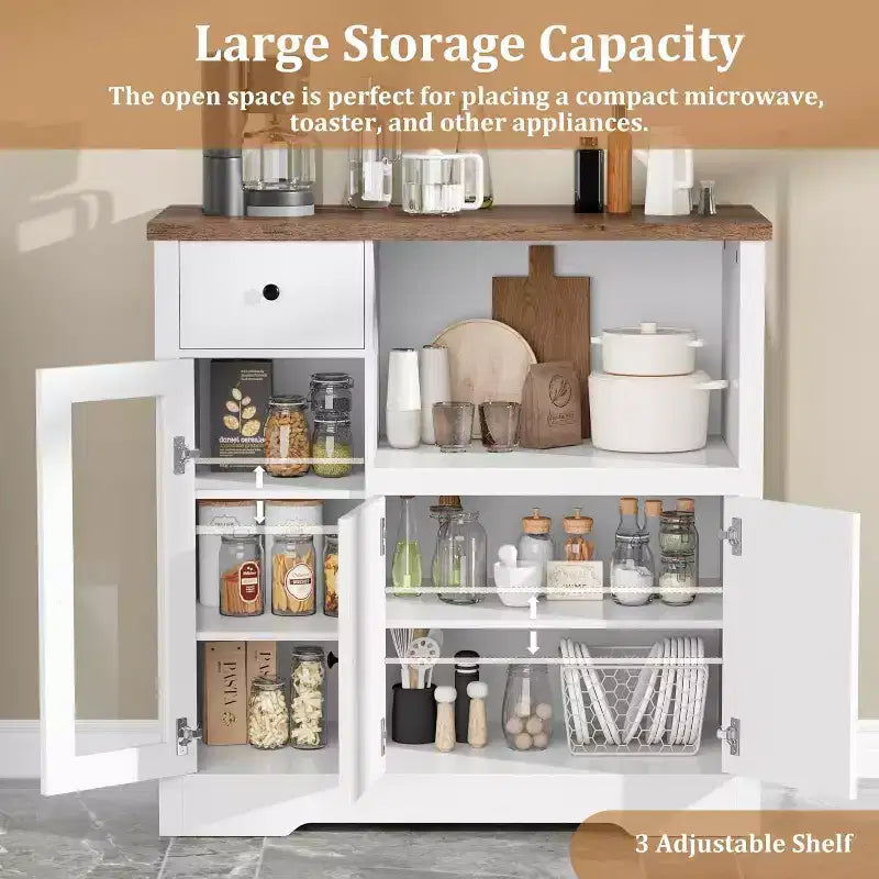 Aparador con Gabinete de Almacenamiento, Estantes Ajustables, Soporte para Microondas, Cajón, Puertas Individuales y Dobles, Solución de Muebles para Comedor