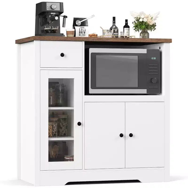 Aparador con Gabinete de Almacenamiento, Estantes Ajustables, Soporte para Microondas, Cajón, Puertas Individuales y Dobles, Solución de Muebles para Comedor