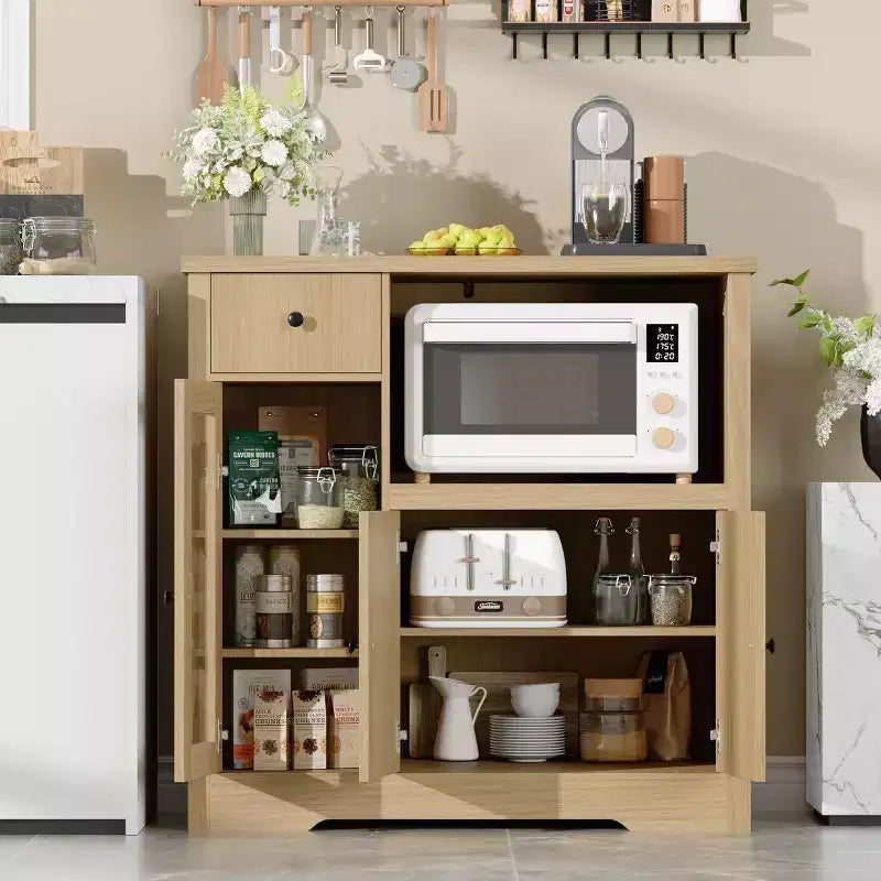 Aparador con Gabinete de Almacenamiento, Estantes Ajustables, Soporte para Microondas, Cajón, Puertas Individuales y Dobles, Solución de Muebles para Comedor