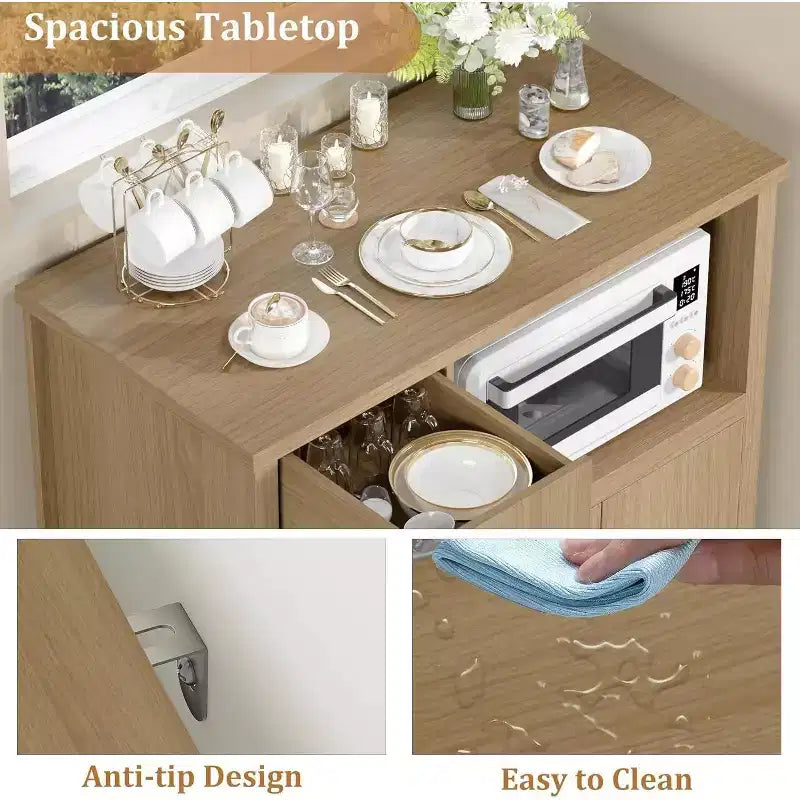 Aparador con Gabinete de Almacenamiento, Estantes Ajustables, Soporte para Microondas, Cajón, Puertas Individuales y Dobles, Solución de Muebles para Comedor