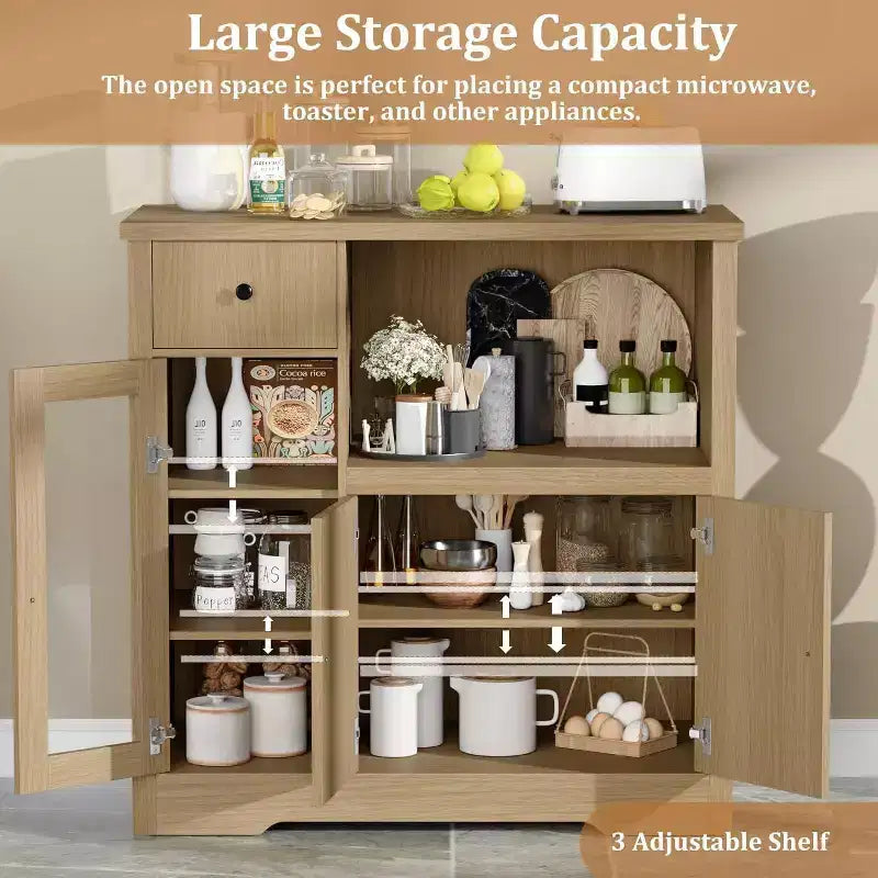 Aparador con Gabinete de Almacenamiento, Estantes Ajustables, Soporte para Microondas, Cajón, Puertas Individuales y Dobles, Solución de Muebles para Comedor
