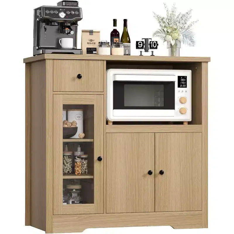 Aparador con Gabinete de Almacenamiento, Estantes Ajustables, Soporte para Microondas, Cajón, Puertas Individuales y Dobles, Solución de Muebles para Comedor