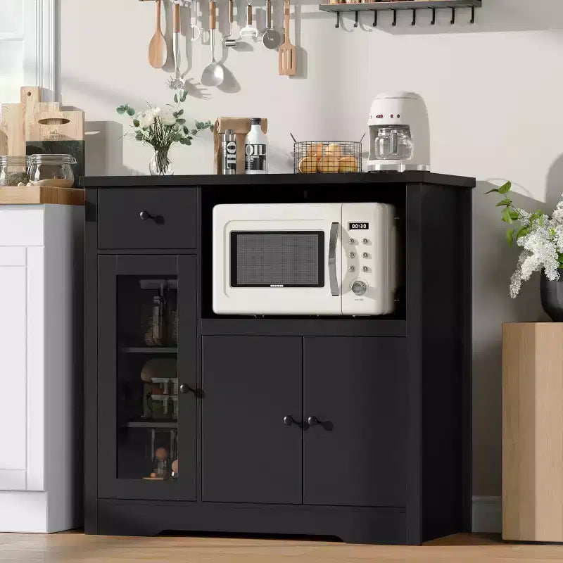 Aparador con Gabinete de Almacenamiento, Estantes Ajustables, Soporte para Microondas, Cajón, Puertas Individuales y Dobles, Solución de Muebles para Comedor