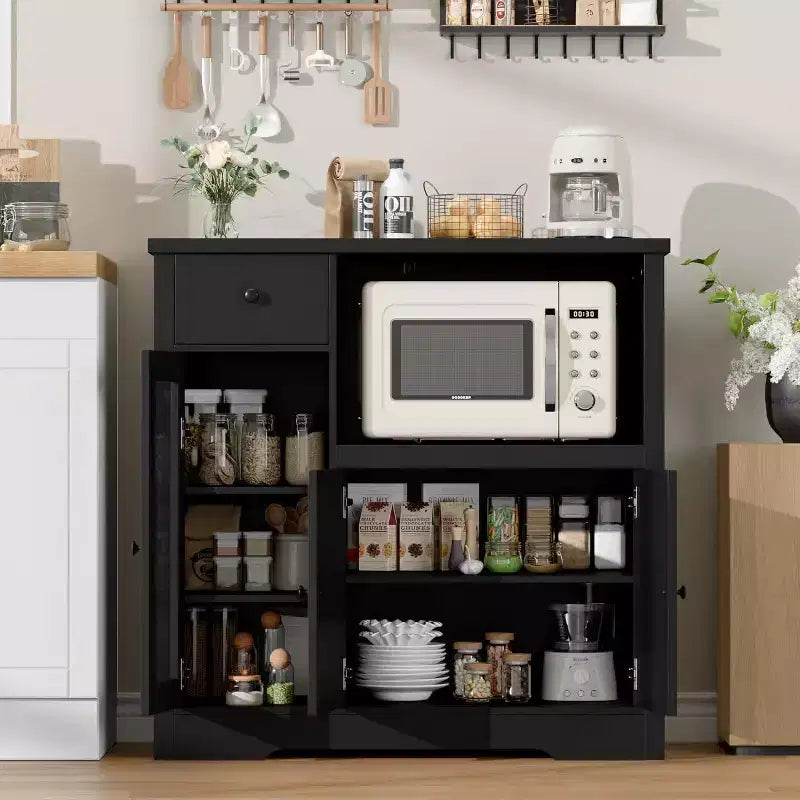 Aparador con Gabinete de Almacenamiento, Estantes Ajustables, Soporte para Microondas, Cajón, Puertas Individuales y Dobles, Solución de Muebles para Comedor