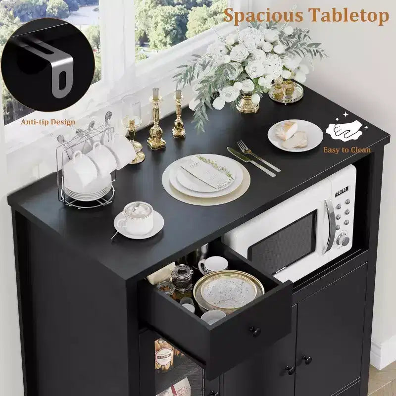 Aparador con Gabinete de Almacenamiento, Estantes Ajustables, Soporte para Microondas, Cajón, Puertas Individuales y Dobles, Solución de Muebles para Comedor