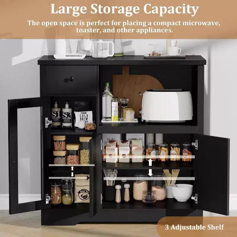 Aparador con Gabinete de Almacenamiento, Estantes Ajustables, Soporte para Microondas, Cajón, Puertas Individuales y Dobles, Solución de Muebles para Comedor