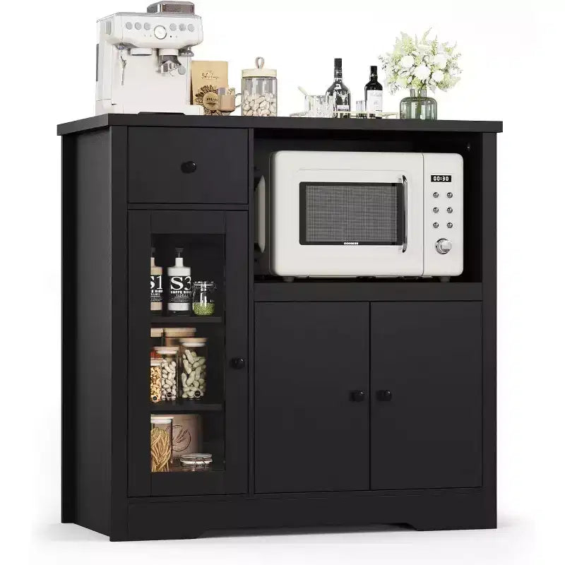 Aparador con Gabinete de Almacenamiento, Estantes Ajustables, Soporte para Microondas, Cajón, Puertas Individuales y Dobles, Solución de Muebles para Comedor
