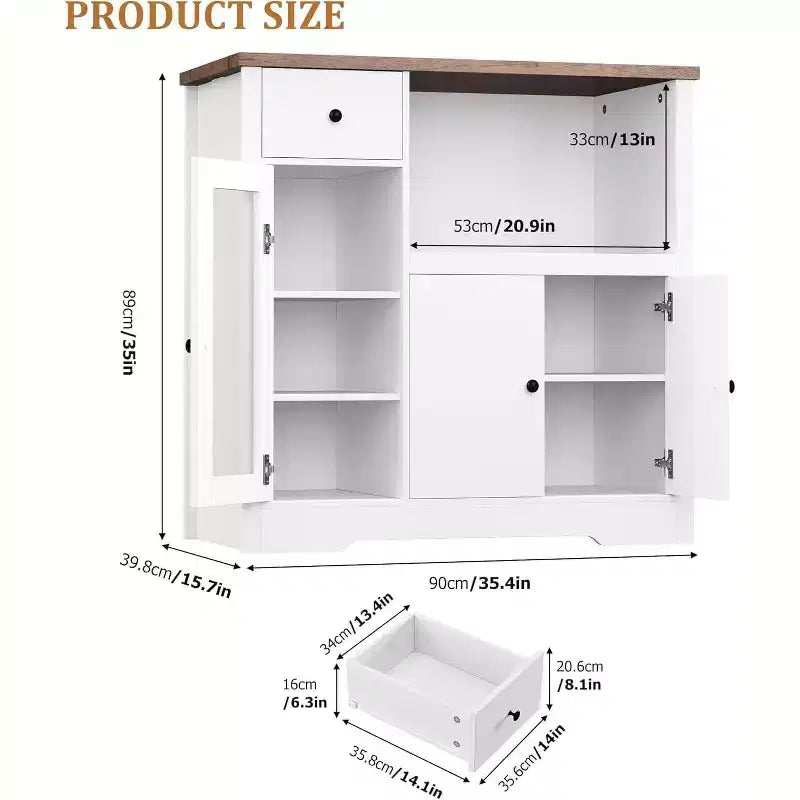 Aparador con Gabinete de Almacenamiento, Estantes Ajustables, Soporte para Microondas, Cajón, Puertas Individuales y Dobles, Solución de Muebles para Comedor