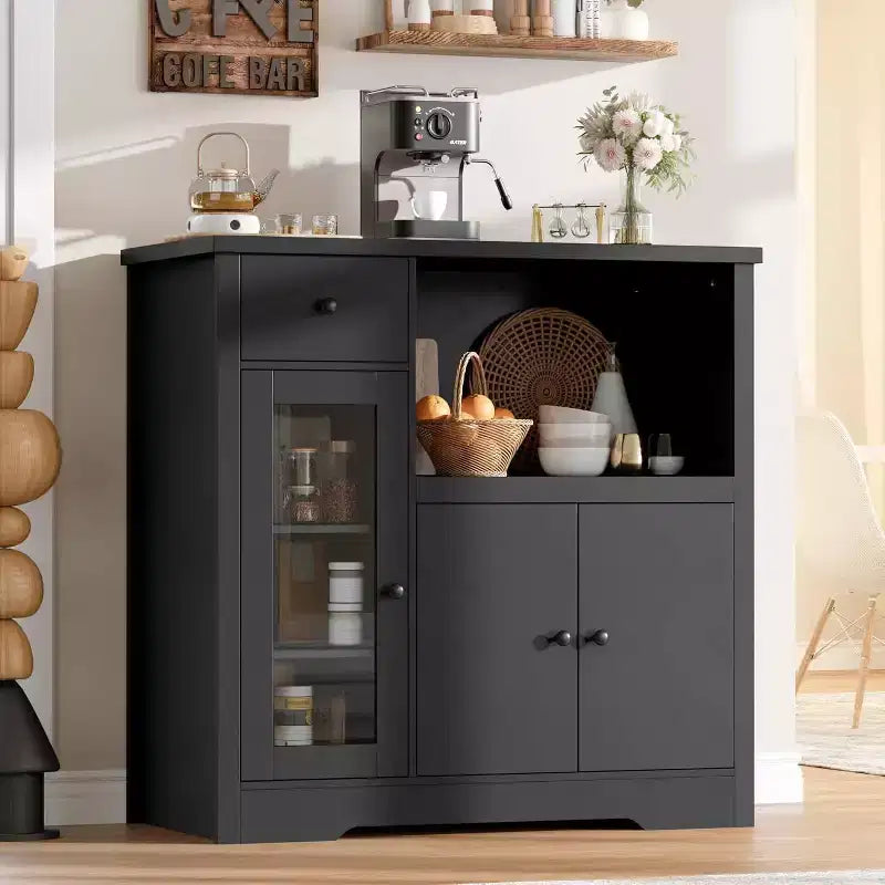 Buffet Sideboard with Storage Cabinet, Adjustable Shelves, Microwave Stand, Drawer, Single and Double Doors, Dining Room Furniture Solution