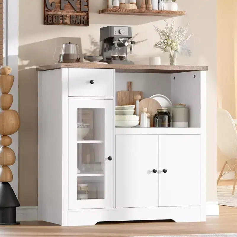 Aparador con Gabinete de Almacenamiento, Estantes Ajustables, Soporte para Microondas, Cajón, Puertas Individuales y Dobles, Solución de Muebles para Comedor