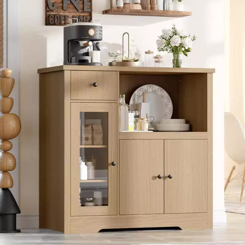 Aparador con Gabinete de Almacenamiento, Estantes Ajustables, Soporte para Microondas, Cajón, Puertas Individuales y Dobles, Solución de Muebles para Comedor