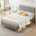 Golden Full Size Bed Frame, with Button Tufted Headboard, Upholstered Bed Frame, Heavy Duty Metal, No Box Spring Needed