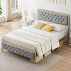 Golden Full Size Bed Frame, with Button Tufted Headboard, Upholstered Bed Frame, Heavy Duty Metal, No Box Spring Needed
