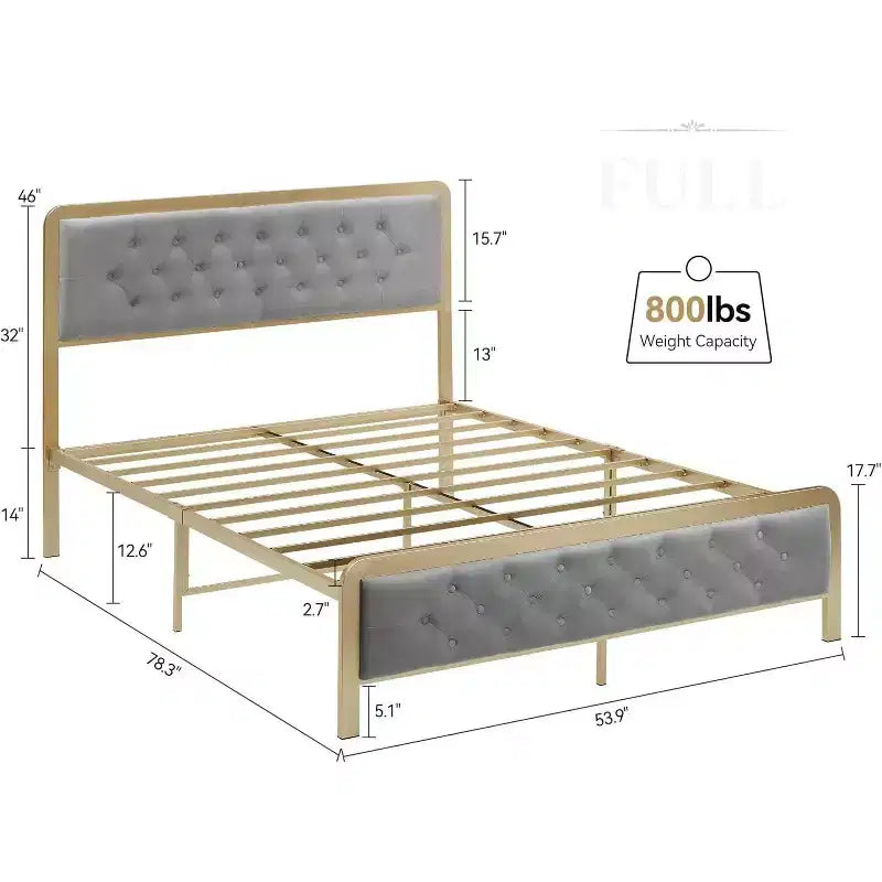 Estructura de cama matrimonial dorada, con cabecero tapizado con botones, base de cama tapizada, metal resistente, no necesita somier