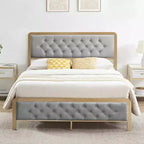 Estructura de cama matrimonial dorada, con cabecero tapizado con botones, base de cama tapizada, metal resistente, no necesita somier