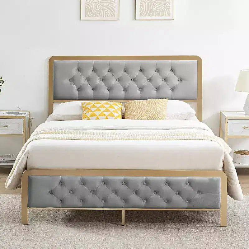 Estructura de cama matrimonial dorada, con cabecero tapizado con botones, base de cama tapizada, metal resistente, no necesita somier