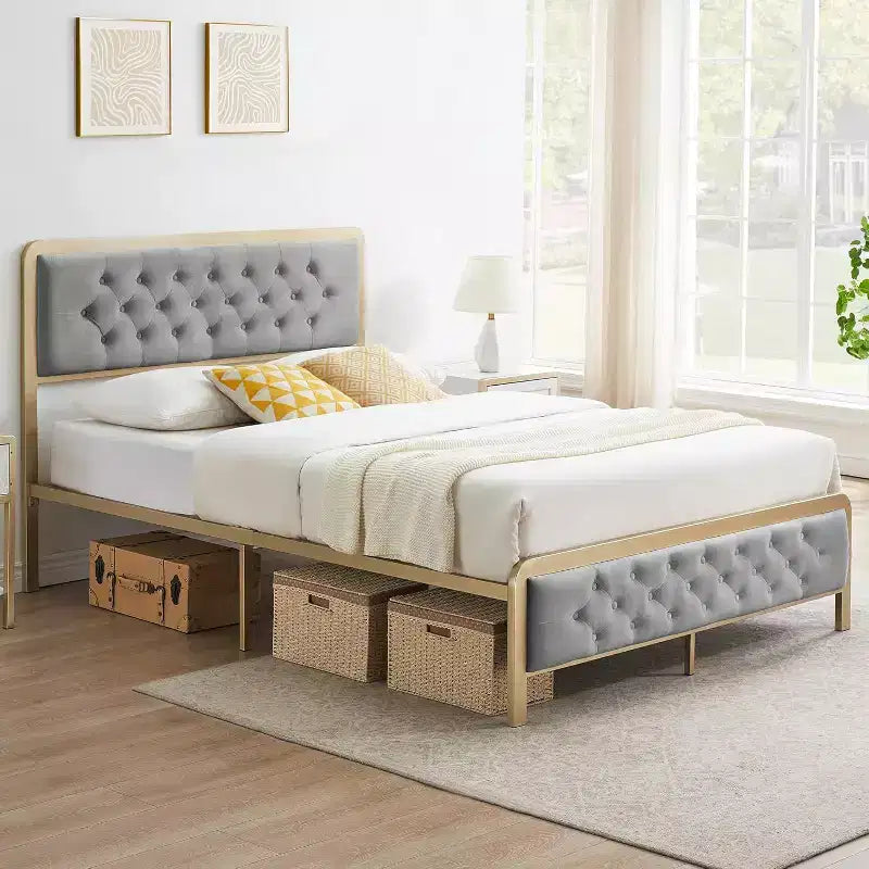 Estructura de cama matrimonial dorada, con cabecero tapizado con botones, base de cama tapizada, metal resistente, no necesita somier