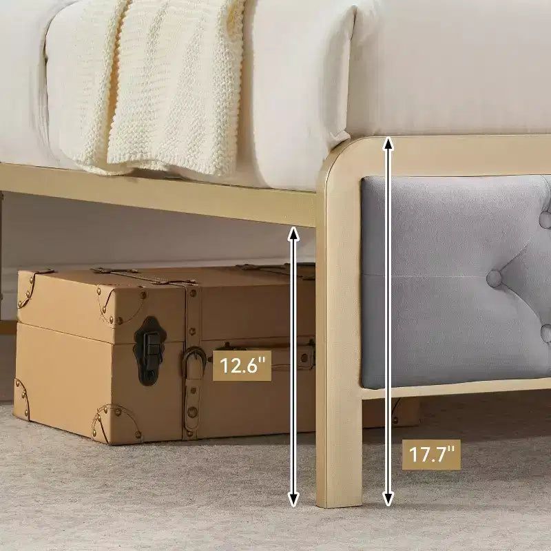 Estructura de cama matrimonial dorada, con cabecero tapizado con botones, base de cama tapizada, metal resistente, no necesita somier