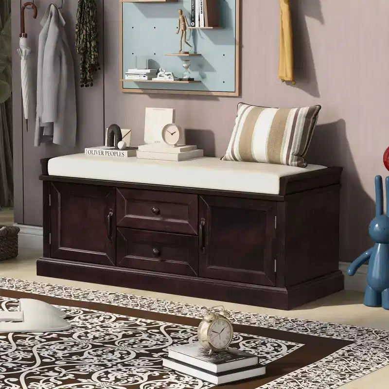 TUYOHW Storage Bench with 2 Drawers and 2 Cabinets, Shoe Bench with Removable Cushion for Living Room and Entryway, Espresso