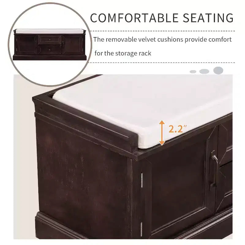 Banco de almacenamiento con 2 cajones y 2 armarios, banco para zapatos con cojín extraíble para sala de estar y entrada, espresso