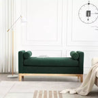 Elegante banco tapizado, otomana con patas de madera y cojines cilíndricos para pie de cama, dormitorio, sala de estar y recibidor, verde