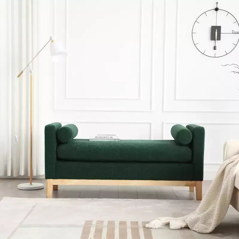Elegante banco tapizado, otomana con patas de madera y cojines cilíndricos para pie de cama, dormitorio, sala de estar y recibidor, verde