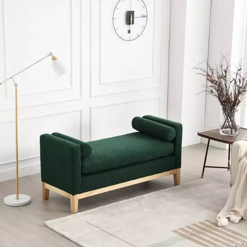 Elegante banco tapizado, otomana con patas de madera y cojines cilíndricos para pie de cama, dormitorio, sala de estar y recibidor, verde