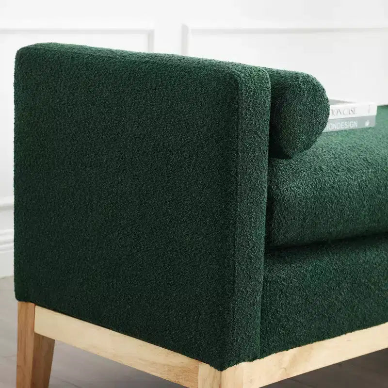 Elegante banco tapizado, otomana con patas de madera y cojines cilíndricos para pie de cama, dormitorio, sala de estar y recibidor, verde