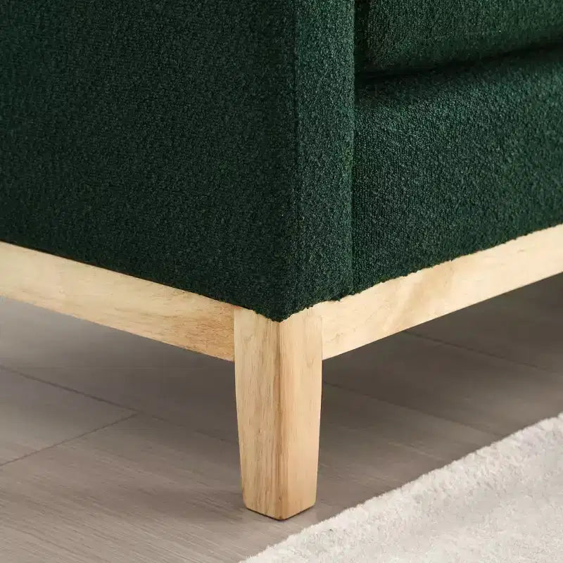 Elegante banco tapizado, otomana con patas de madera y cojines cilíndricos para pie de cama, dormitorio, sala de estar y recibidor, verde