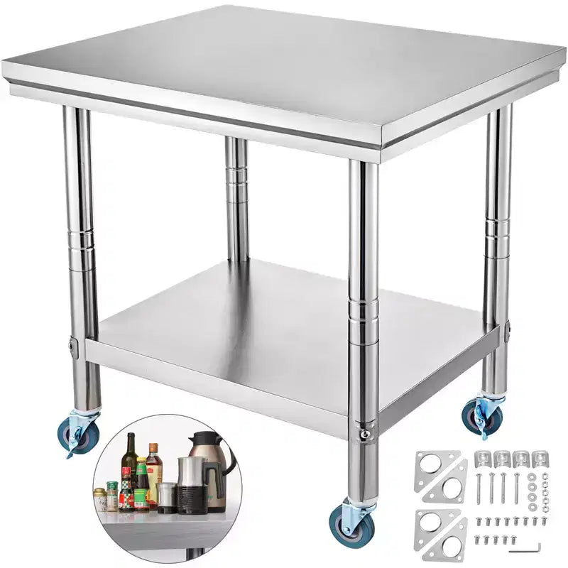 VEVOR Stainless Steel Prep Table, 900x600x800 mm, 700 lbs Load Capacity, Heavy Duty Metal Worktable with 3 Adjustable Height Levels, Silver