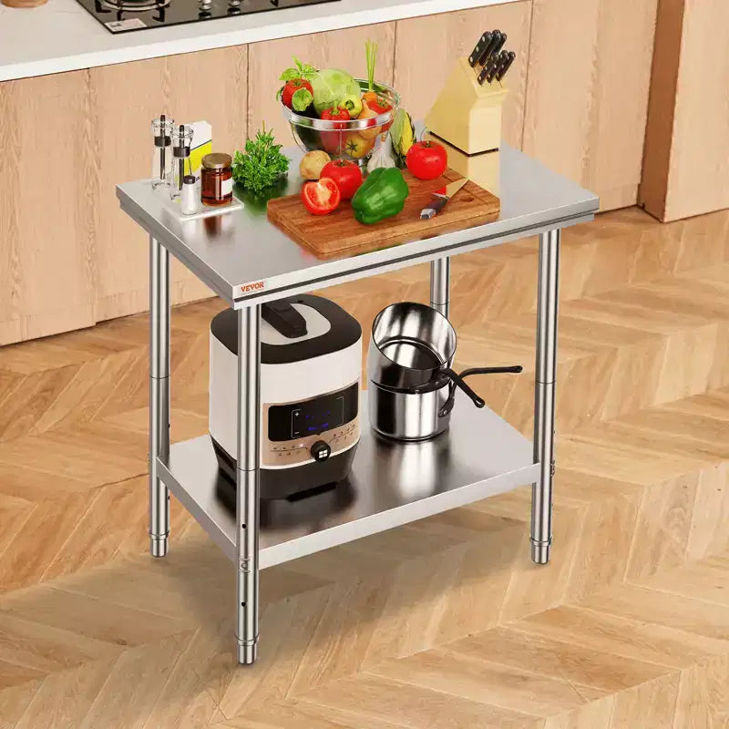 Mesa de preparación de acero inoxidable, 900x600x800 mm, 700 libras de capacidad de carga, mesa de trabajo de metal de servicio pesado con 3 niveles de altura ajustables, plateado