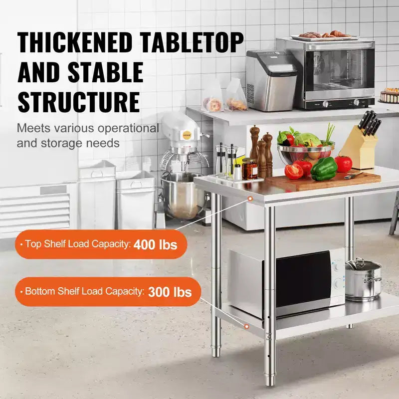 Mesa de preparación de acero inoxidable, 900x600x800 mm, 700 libras de capacidad de carga, mesa de trabajo de metal de servicio pesado con 3 niveles de altura ajustables, plateado