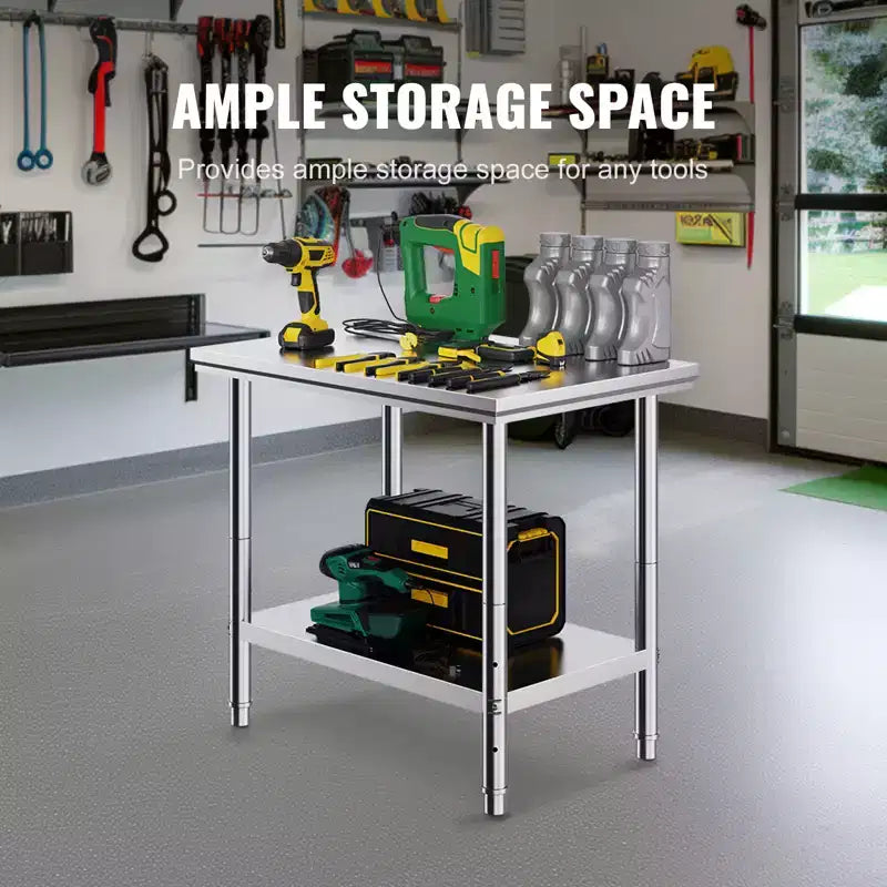 Mesa de preparación de acero inoxidable, 900x600x800 mm, 700 libras de capacidad de carga, mesa de trabajo de metal de servicio pesado con 3 niveles de altura ajustables, plateado